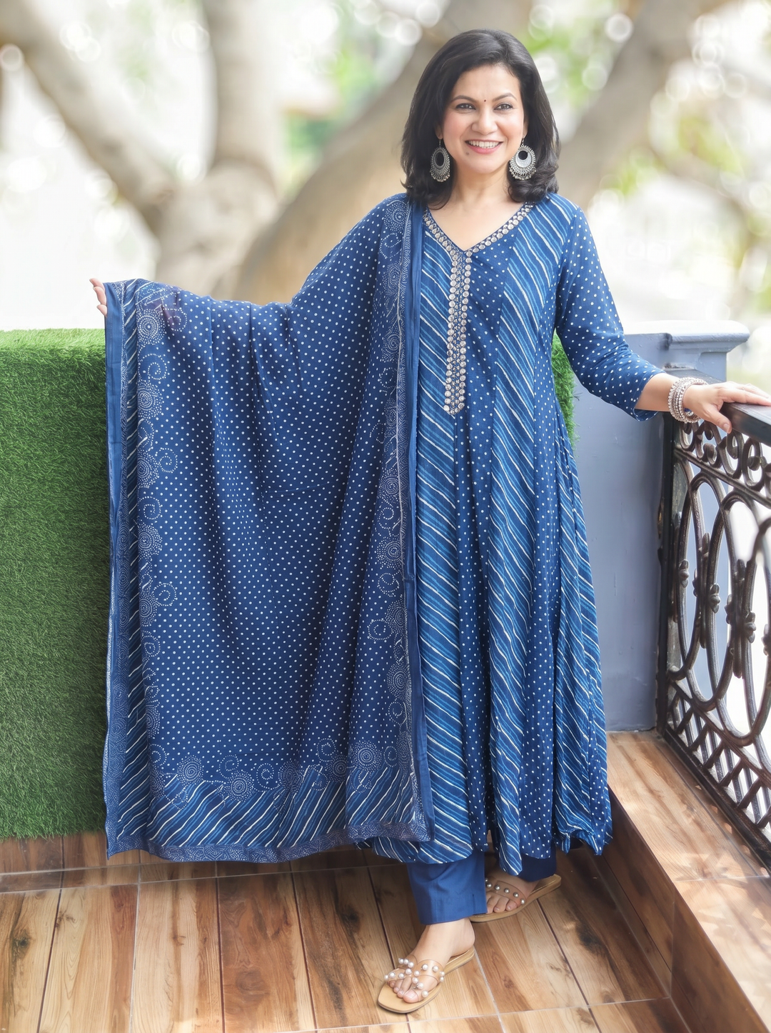 Morni Prussian Navy Leheriya Mul Cotton 3 Piece Set