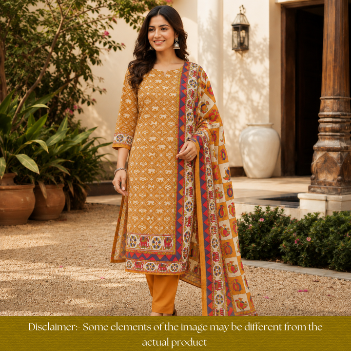 Parineeti Mustard Yellow Gajj Printed Maheswari Chanderi Set