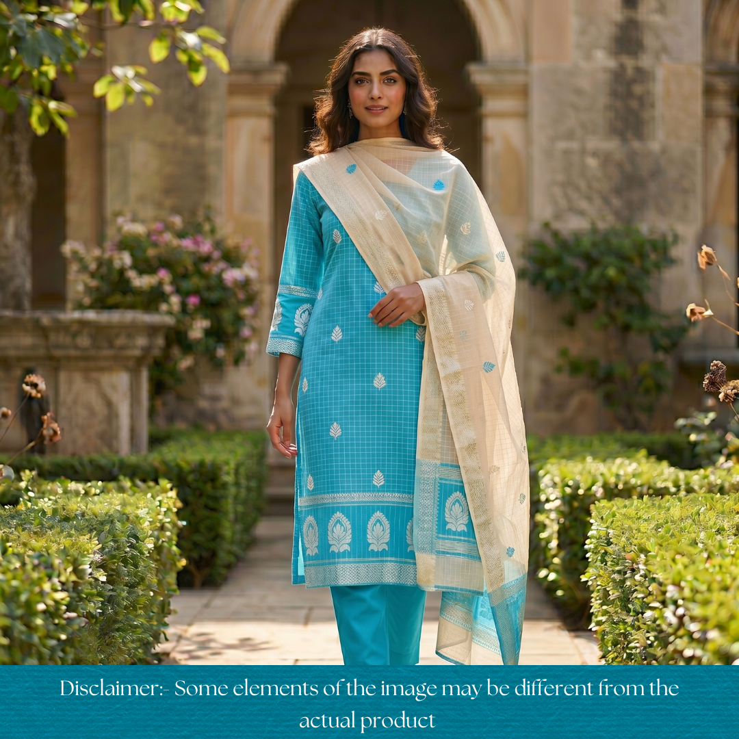 Vaniya Ocean Aqua Checked with Zari Weaved Hem Cotton Silk Set