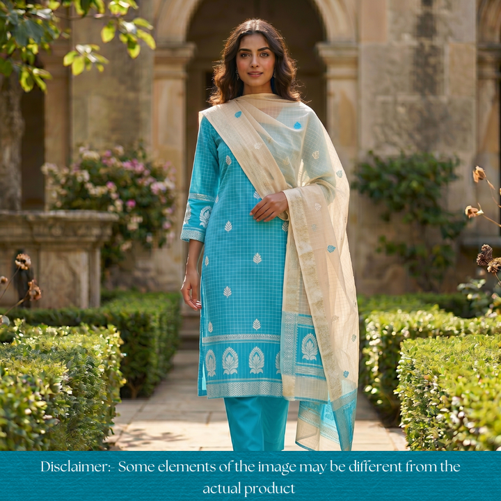 Vaniya Ocean Aqua Checked with Zari Weaved Hem Cotton Silk Set