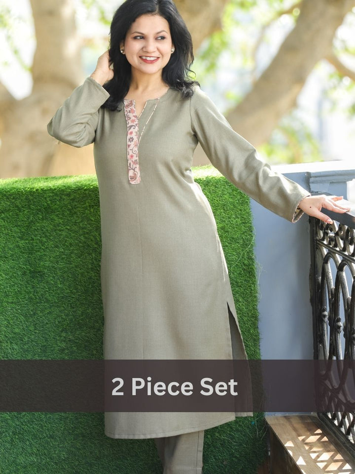 Saanchi Tan Hazel Round Neck Patch with Piping Semi Pashmina Winter 2 Piece Set