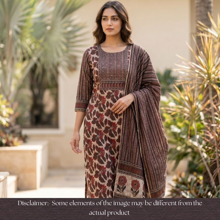 Phool Tan Hazel Zari Work Yoke Floral Printed Cotton Set