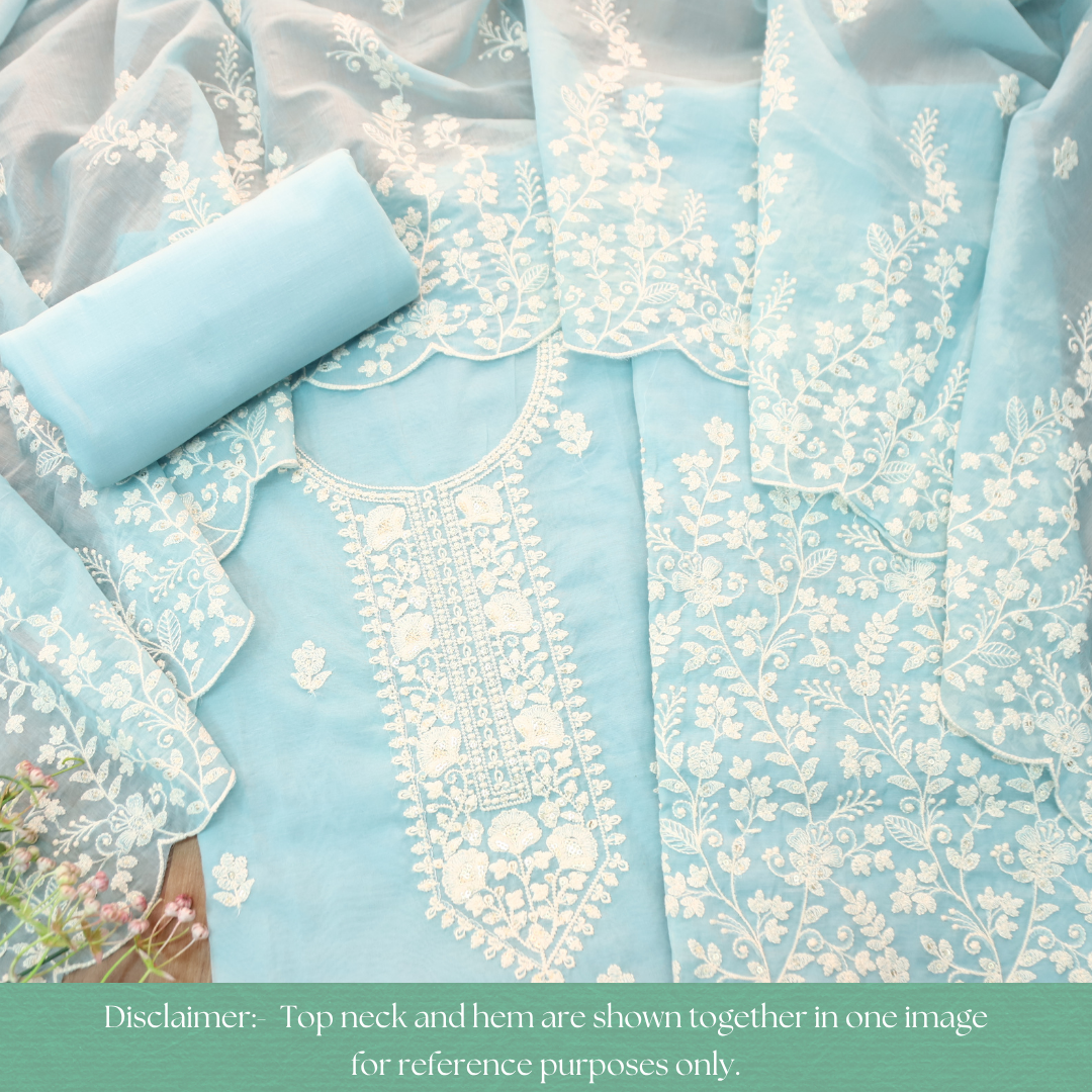 Rushali Powder Blue Embroidered Neck and Hem Mul Cotton Set