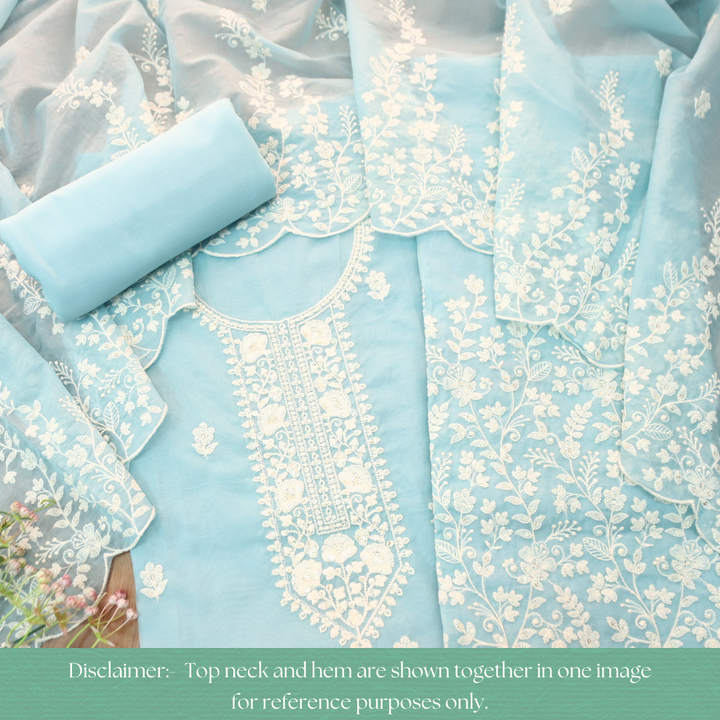 Rushali Powder Blue Embroidered Neck and Hem Mul Cotton Set