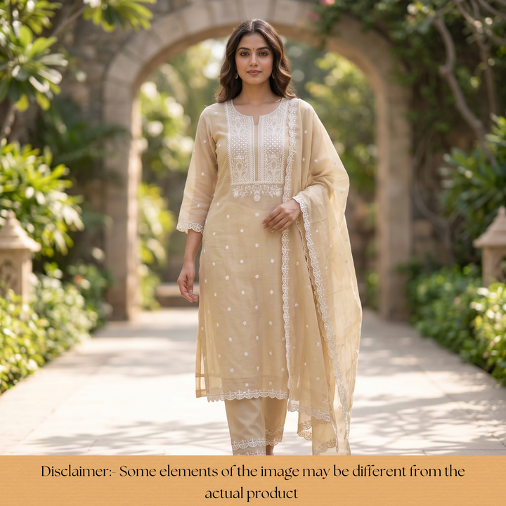 Saloni Sand Beige Embroidered with Patra Work Mul Chanderi Set