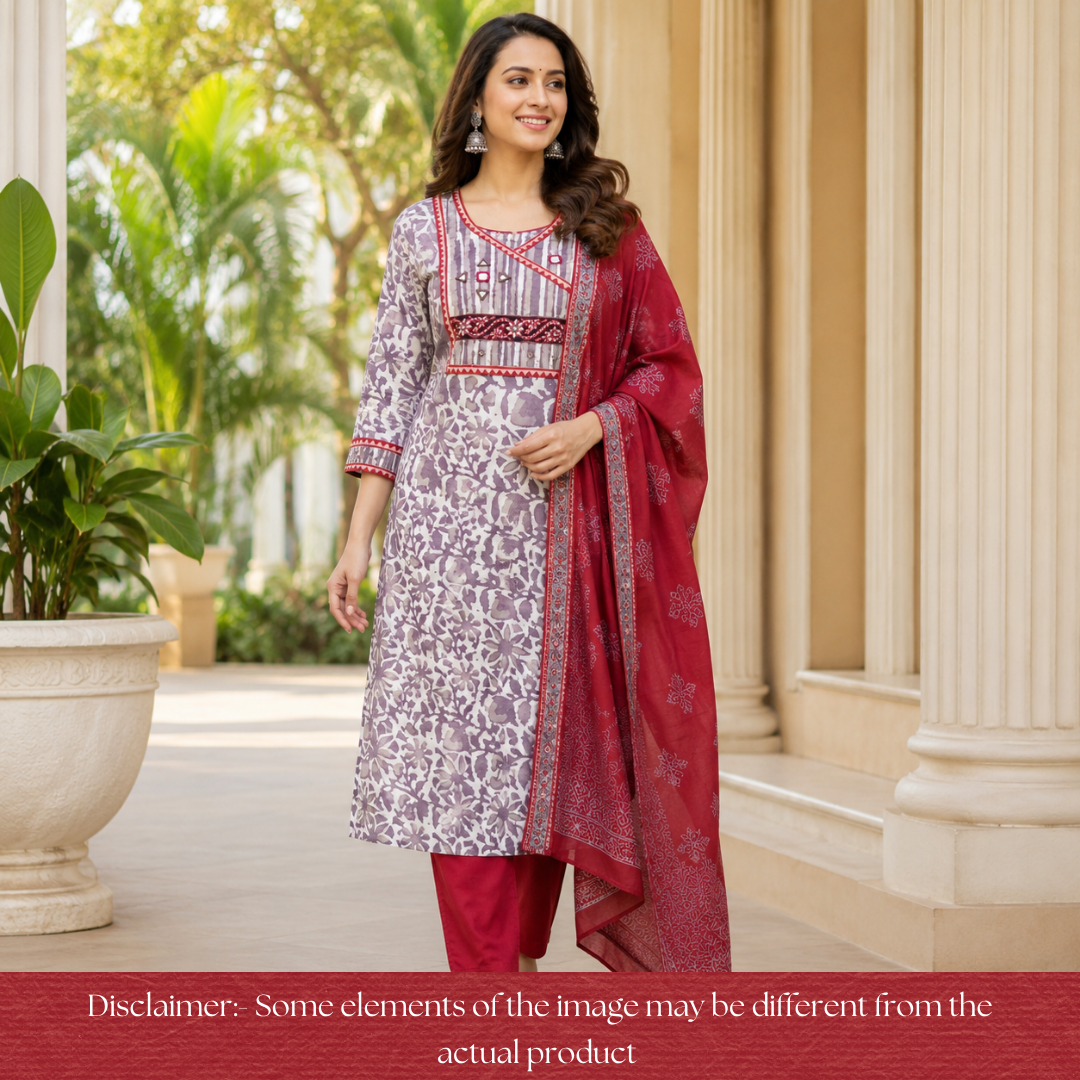 Kakaswi Hazel Beige Angrakha Kutch Neck  Printed Cotton Set D3
