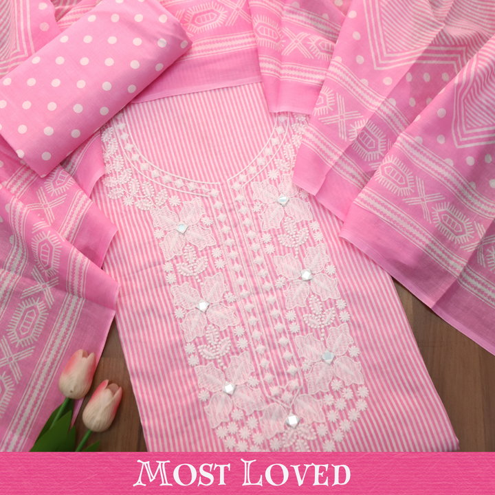 Aarshi Bubblegum Pink Embroidered Neck Stripe Printed Cotton Set