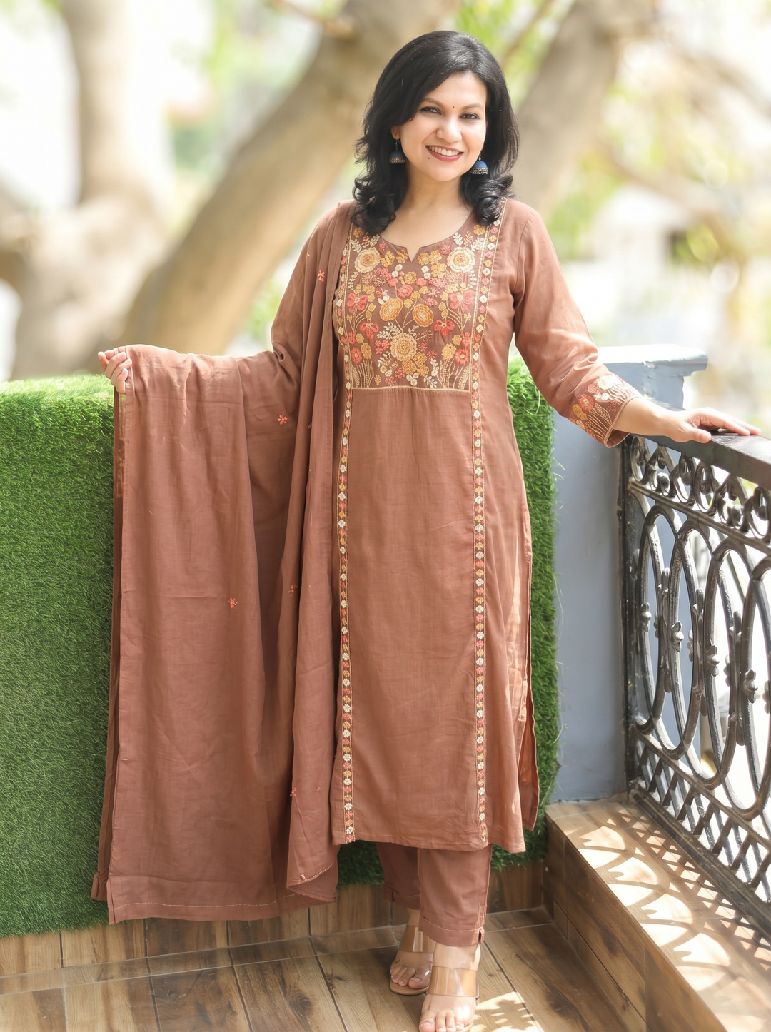 Rimjim Choco Brown Embroidered Mul Cotton Set