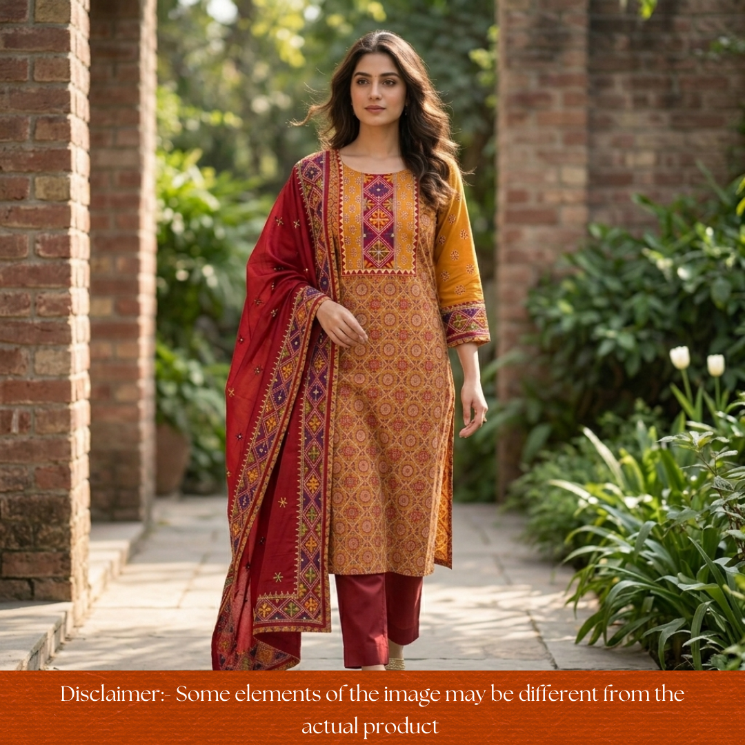 Nina Mustard Embroidered Neck Yoke with Ajrak Print Cotton Set
