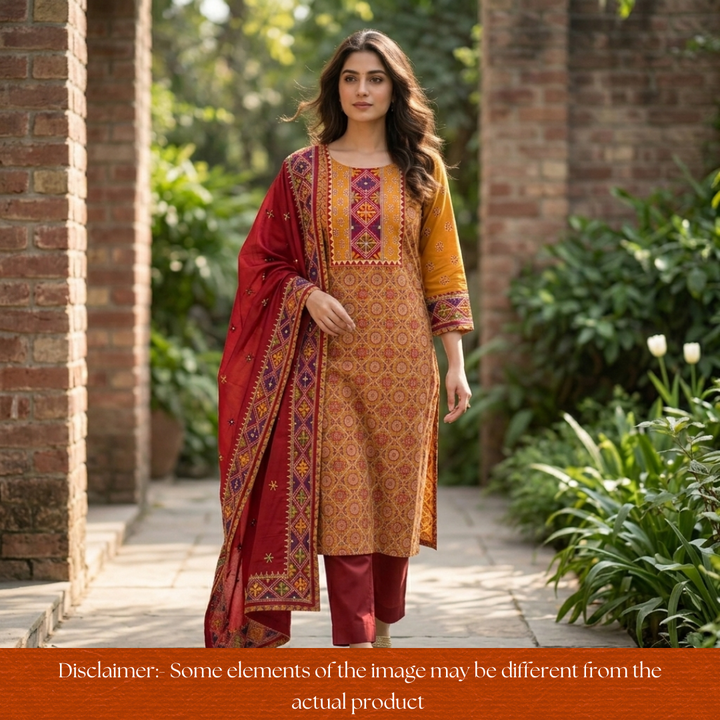 Nina Mustard Embroidered Neck Yoke with Ajrak Print Cotton Set
