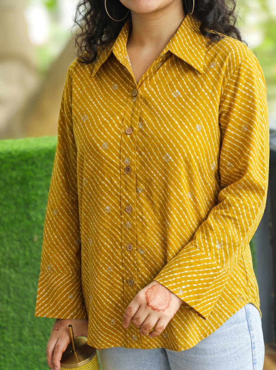 Leher Dijon Yellow Leheriya Print Wood Button Cotton Shirt