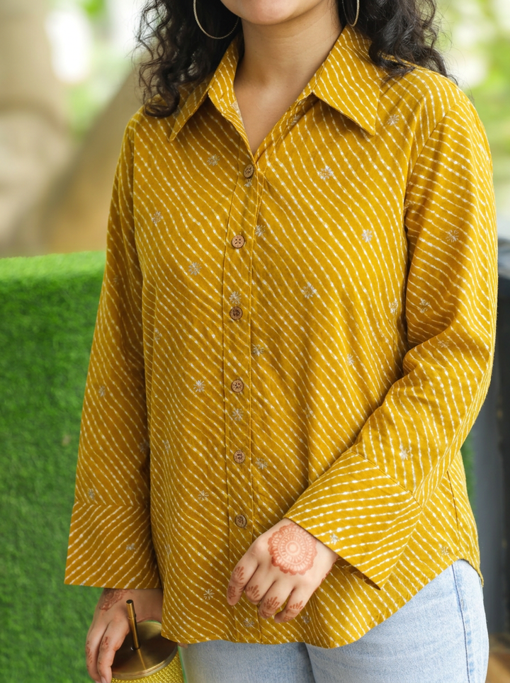 Leher Dijon Yellow Leheriya Print Wood Button Cotton Shirt