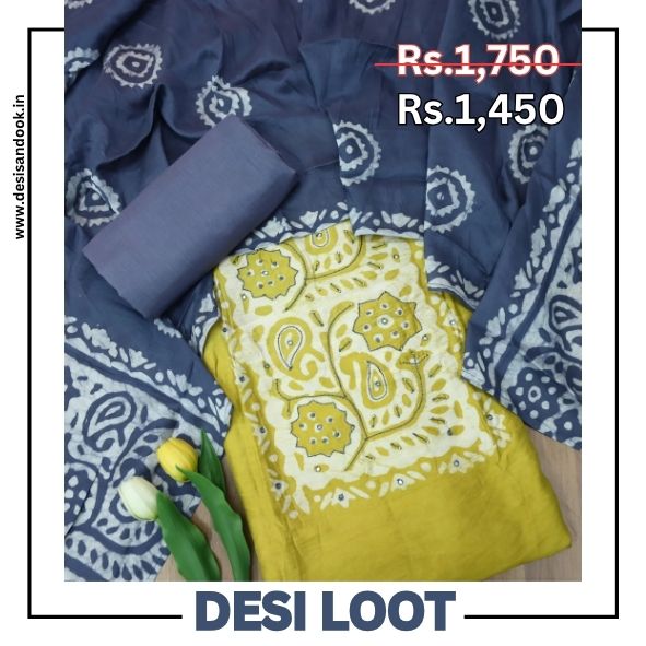 Raavi Canary Yellow French Knot in Batik Print Neck Work Chanderi Suit Set