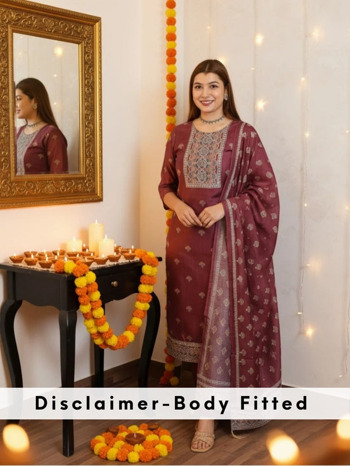 Khushi Mulberry Purple Digital Printed Neck with Kantha Detailing Chanderi 3 Piece Set