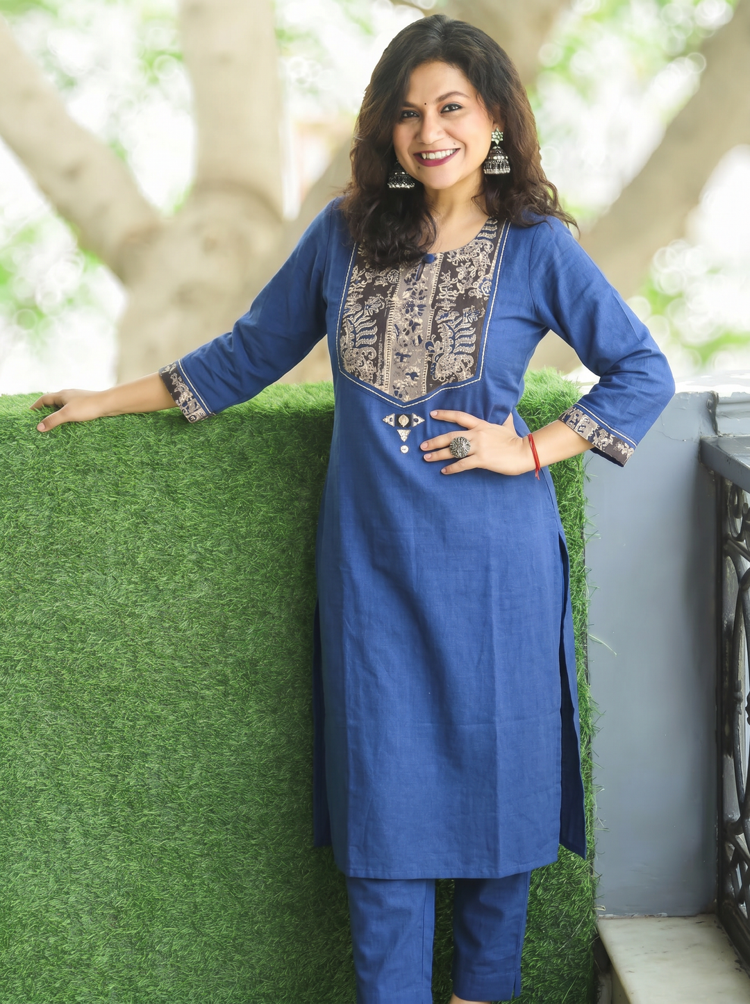 Kanak Royal Blue Kalamkari Printed Yoke Cotton Kurti