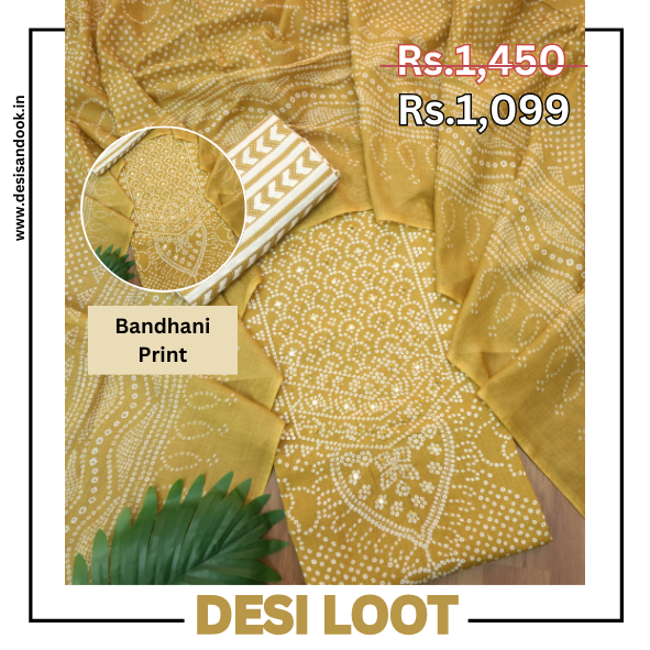 Riwa Peanut Yellow French Knot in Zari Detailing Bandhani Printed Cotton Suit Set
