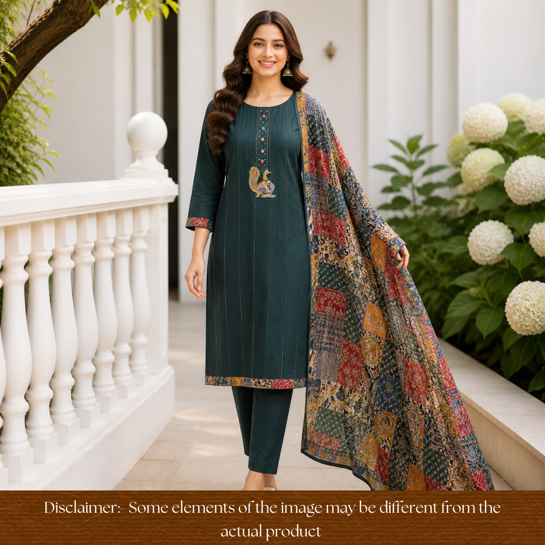 Shakshi Green Button with Moti work Side Pintuck Cotton Set
