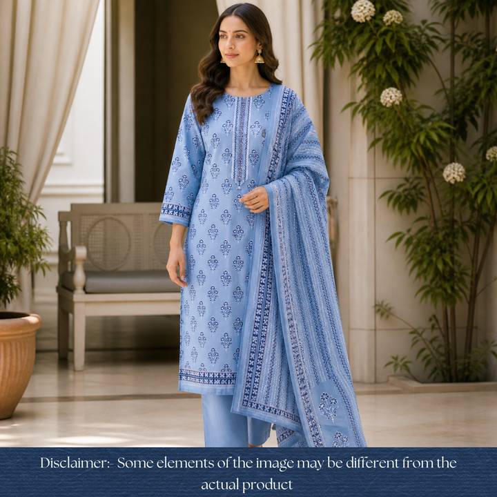 Soni Amber Blue Moti Work Patch Dabu Printed Cotton Set