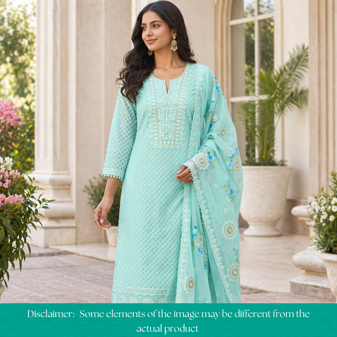 Nushrat Ocean Aqua All Over Thread Work Georgette Set