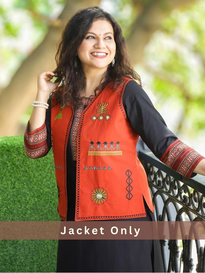 Sejal Rust Orange All Over Embroidered Work Cotton Jacket