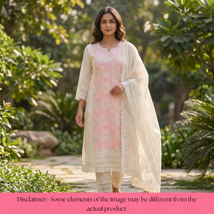 Rushali Pink Cut Work in Cord Embroidered Panel Style Cotton Set