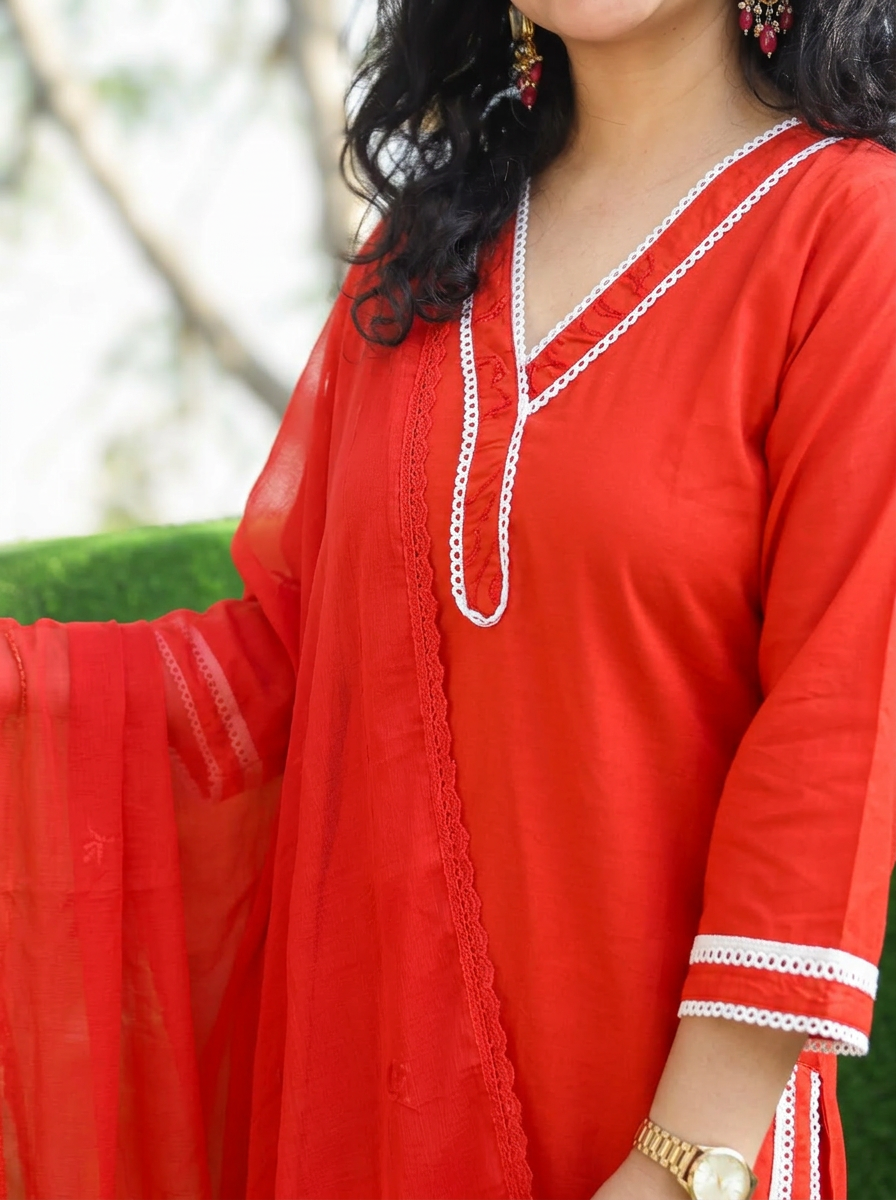 Ahana Reddish Orange Lace Work Farsi Cotton 3 Piece Set