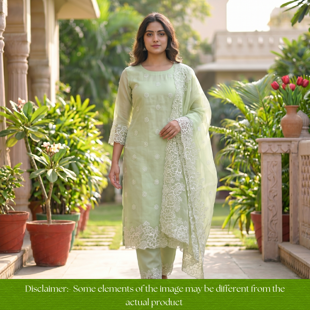 Ragini Mint Green Cross-Stitch Hem Work Glass Organza Set
