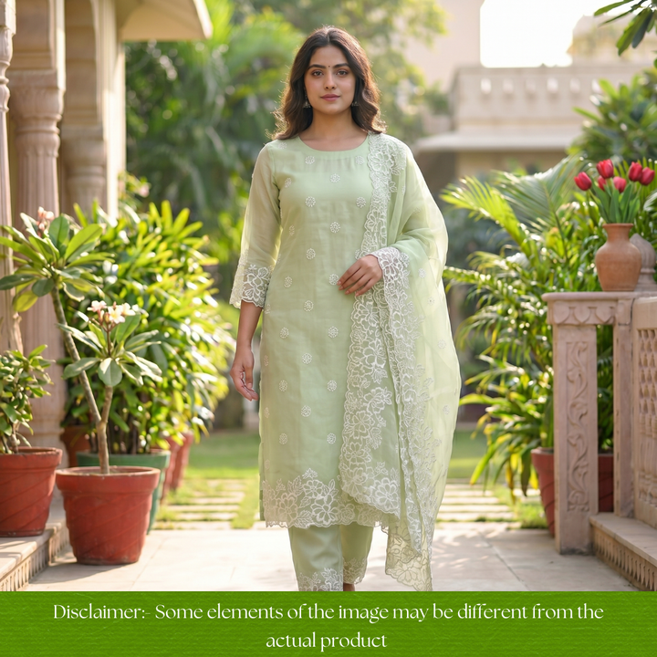 Ragini Mint Green Cross-Stitch Hem Work Glass Organza Set