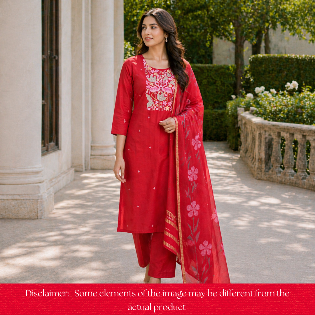 Patrani Red with Bird Emboirdered Neck Work Modal Suit Set
