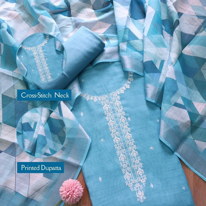 Rukhsat Turkish Blue Cross-Stitch Embroidery Neck Cotton Linen Suit Set
