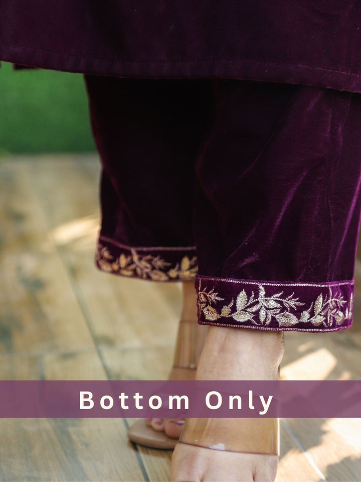 Inayat Raisin Purple Embroidered Hemline Work Velvet Winter Bottom