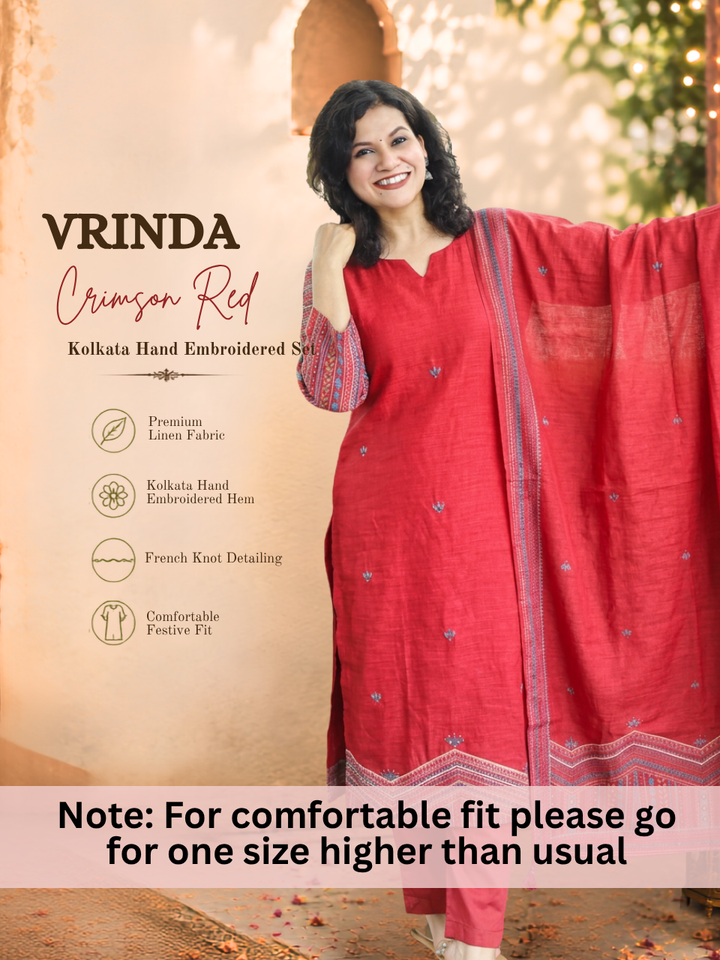 Vrinda Crimson Red Kolkata Hand Embroidered Linen 3 Piece Set