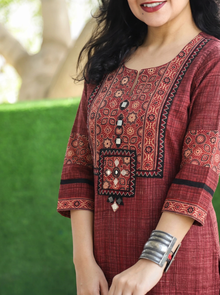 Revika Apple Red Ajrakh Yoke Brush Print 2 Piece Set