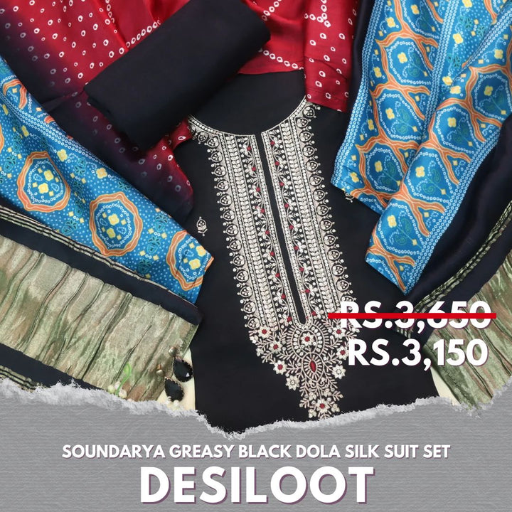 Soundarya Greasy Black Zari Work Designer Neck Dola Silk Suit Set