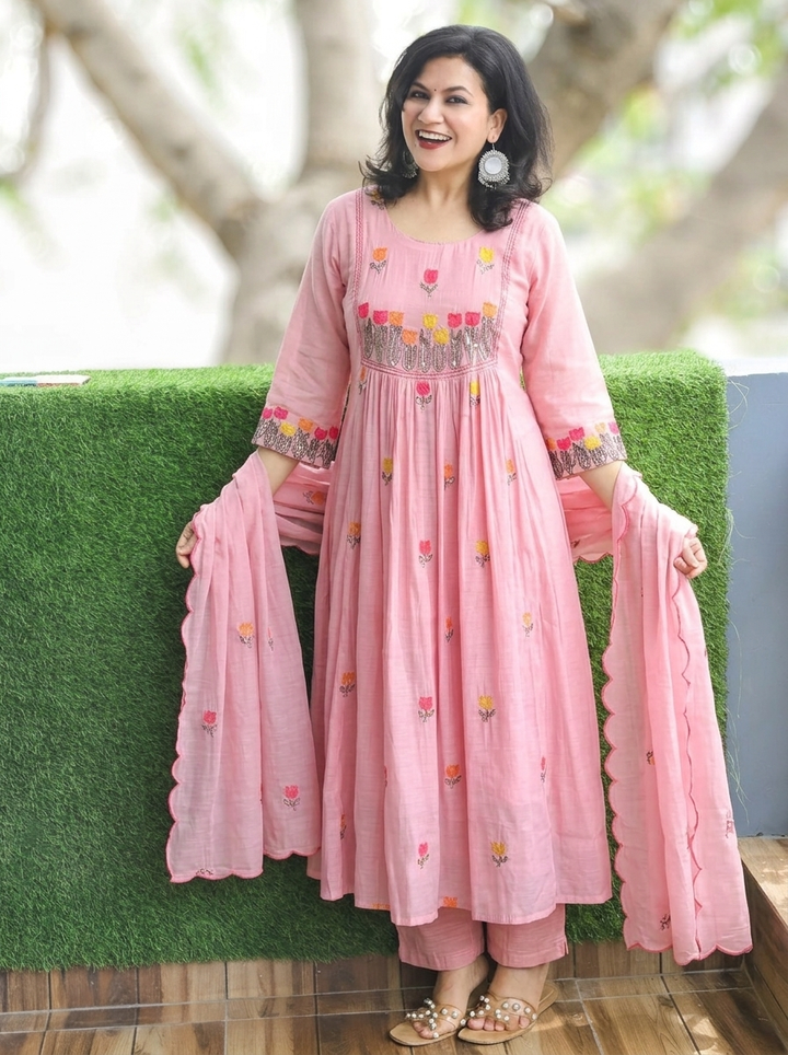 Malika Petal Pink Embroidered Mul Chanderi Set