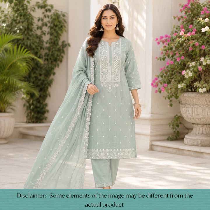 Saloni Sage Green Embroidered with Patra Work Mul Chanderi Set