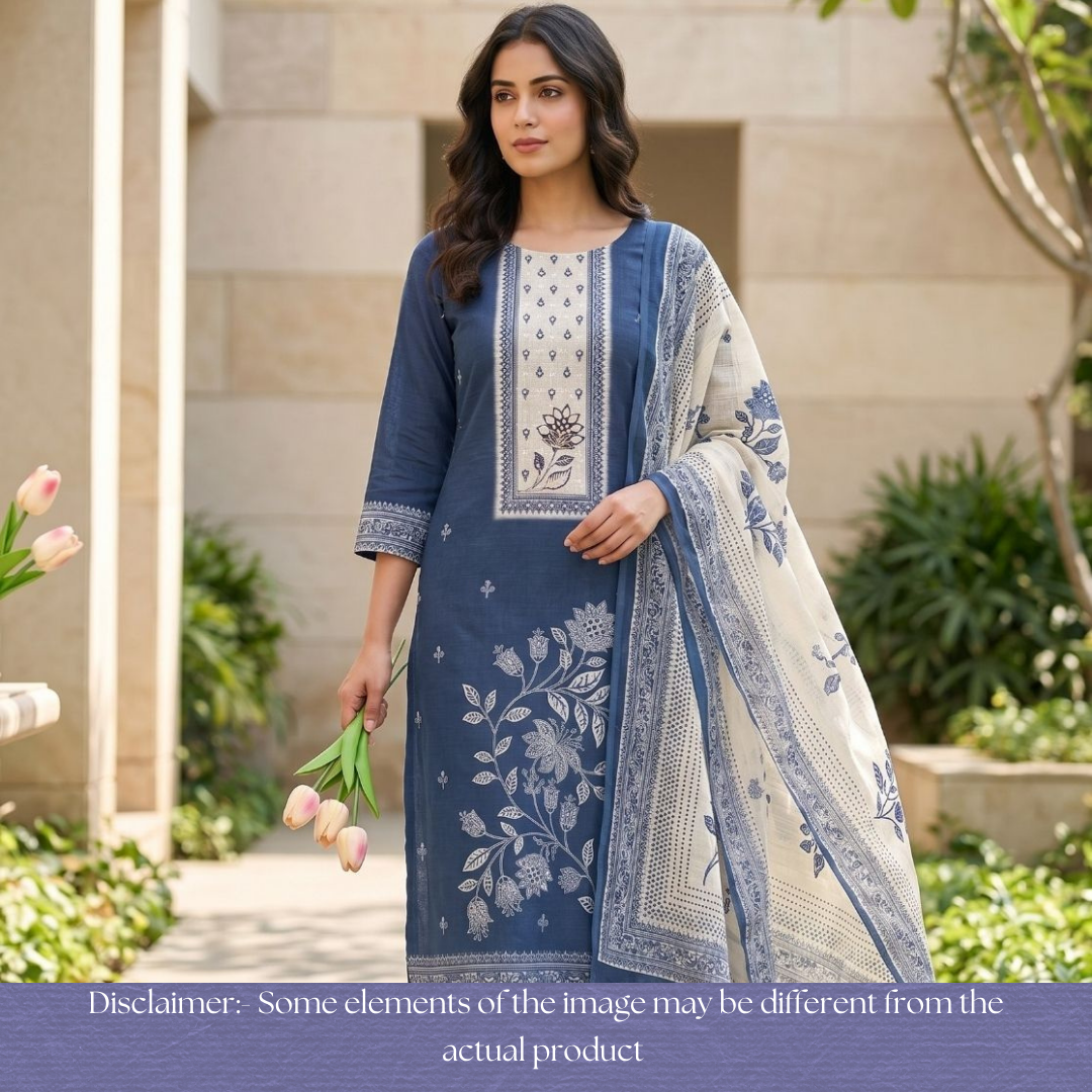 Beliya Blue with Beige Printed Yoke with Patra Floral Printed Cotton Linen Set