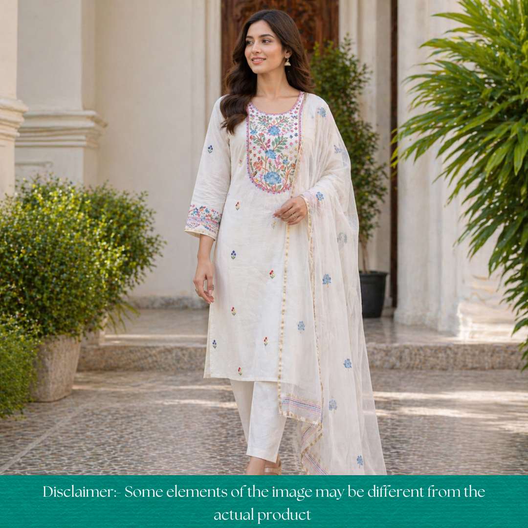 Hans White with Blue Floral Hand Painted Kantha Mul Chanderi Set
