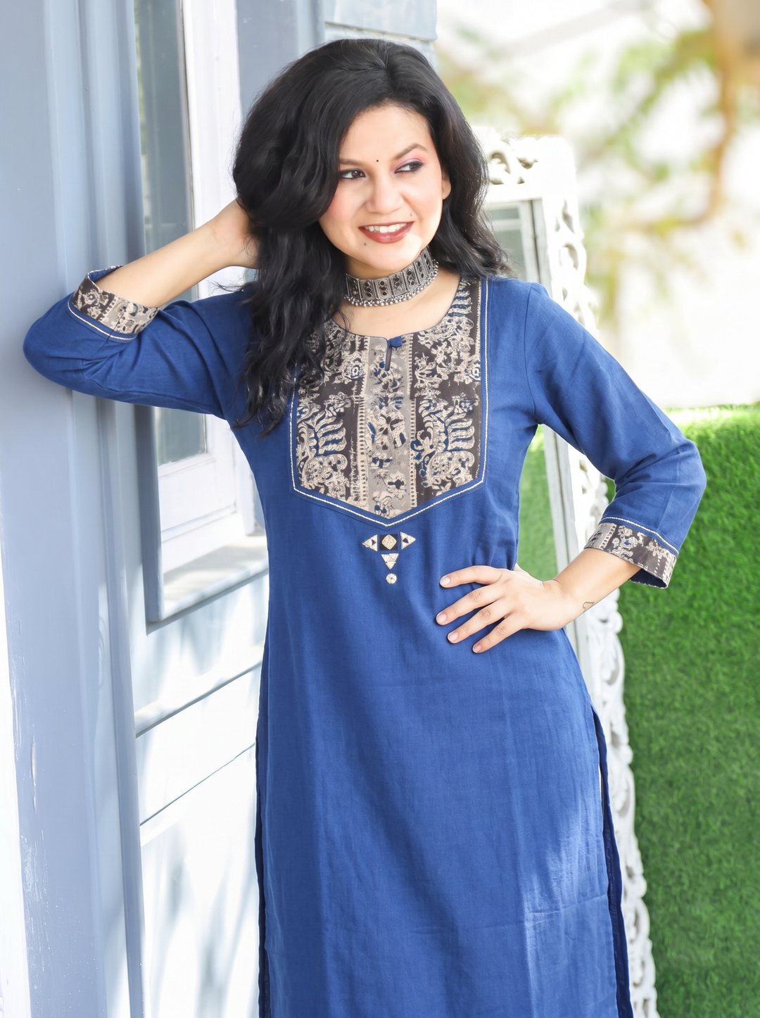 Kanak Royal Blue Kalamkari Printed Yoke Cotton Kurti