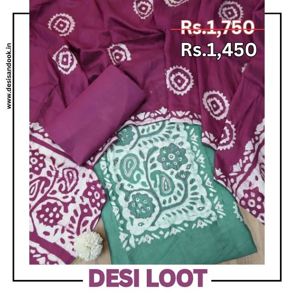 Raavi Sage Green French Knot in Batik Print Neck Work Chanderi Suit Set
