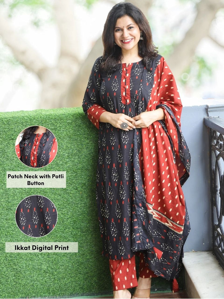 Sadhgi Night Black Patch Neck with Potli Button Ikkat Digital Print Cotton 3 Piece Set