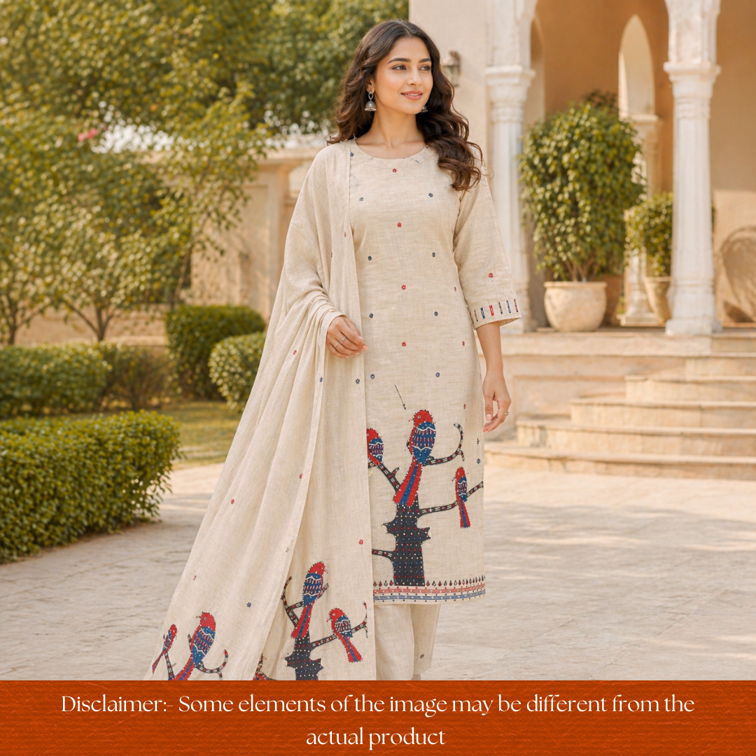 Ambarsari Beige French Knot Bird Embroidered Work Linen Set