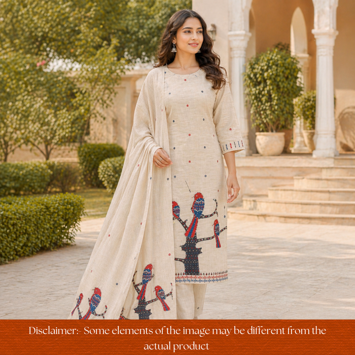 Ambarsari Beige French Knot Bird Embroidered Work Linen Set