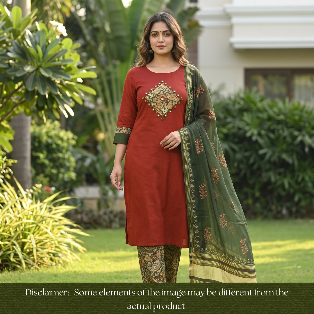 Saheli Bride Red Mirror Work Applique Kalamkari Jam Cotton Set