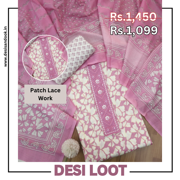 Narazzi Tulip Purple Patch Lace Work Floral Printed Cotton Suit Set