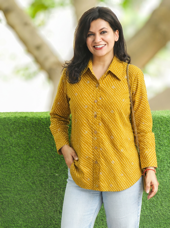 Leher Dijon Yellow Leheriya Print Wood Button Cotton Shirt