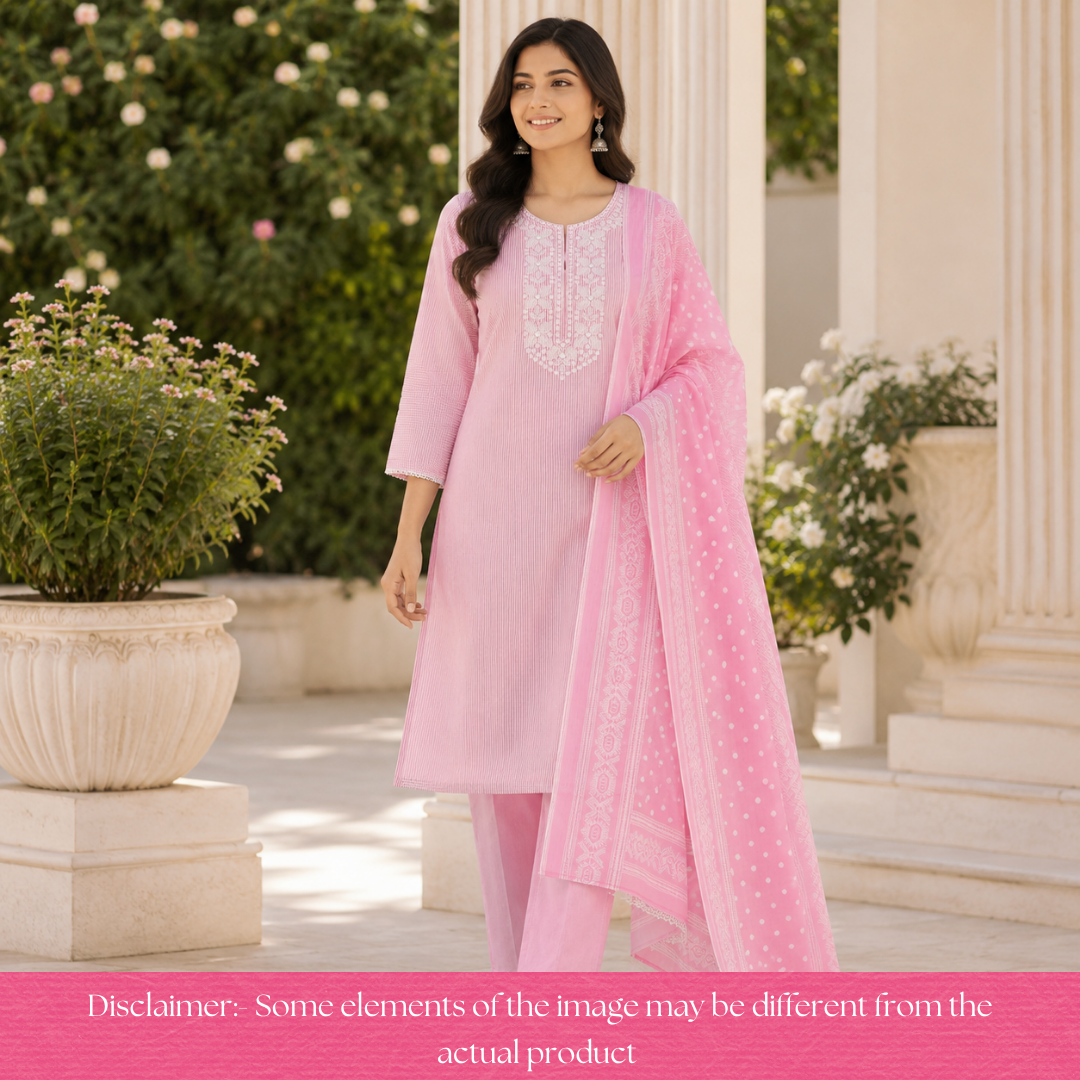 Aarshi Bubblegum Pink Embroidered Neck Stripe Printed Cotton Set