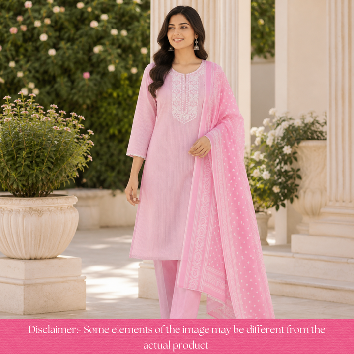 Aarshi Bubblegum Pink Embroidered Neck Stripe Printed Cotton Set
