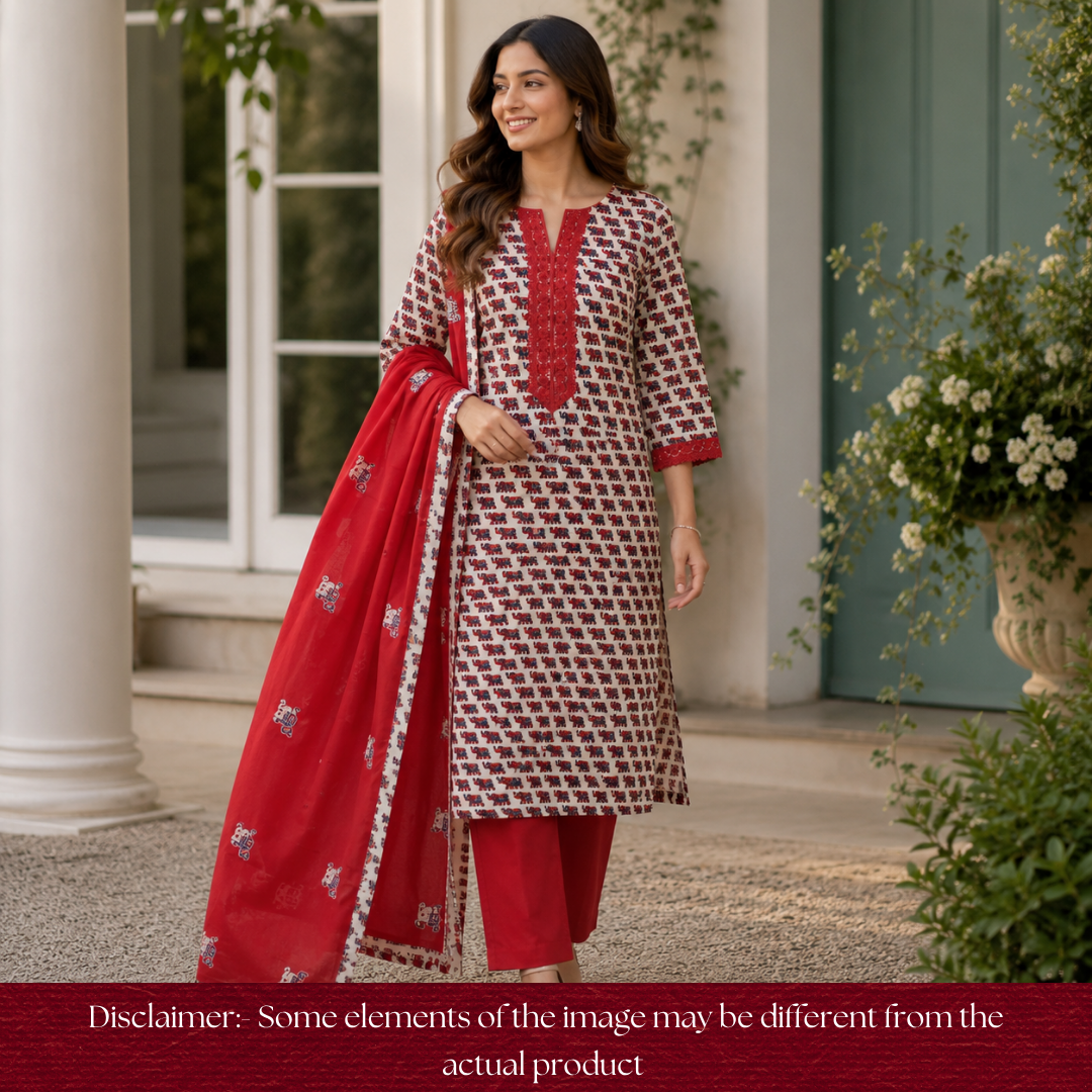 Kaliyaan Shell Beige with Lace Neck in Gajj Printed Cotton Set