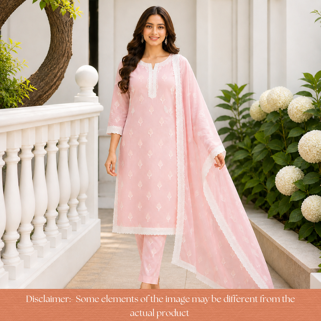 Amriti Pastel Pink Lace Patch in Cotton Schiffli Set